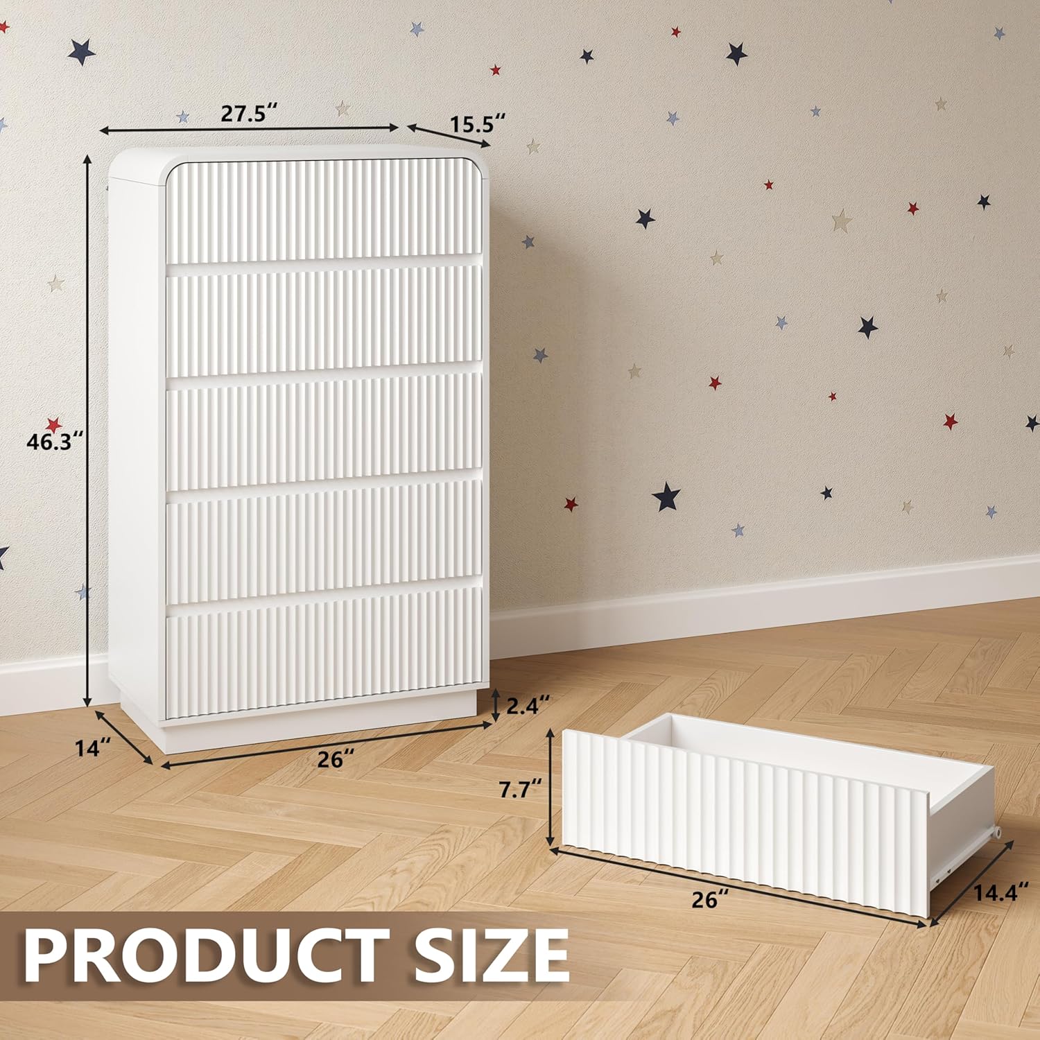 Product dimensions diagram for BORNOON Tall 5-Drawer Dresser