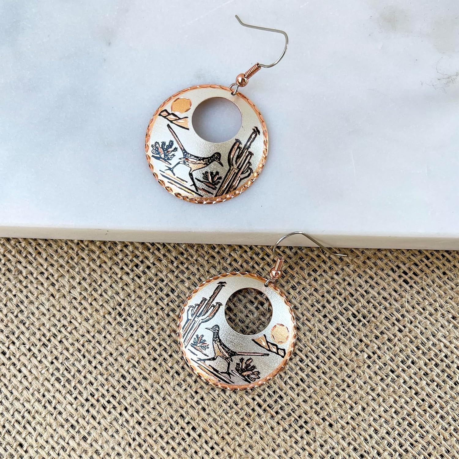FRONT LINE JEWELRY Southwestern Roadrunner Earrings – Handcrafted Copper & Colorful Designs with Cactus & Roadrunner Motif – Boho Western Jewelry Gift for Her