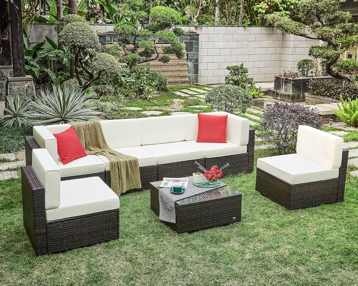 HONBAY 7 Pieces Patio Furniture Sets PE Wicker Rattan Patio Sectional Sofa Couch with Cushions and Coffee Table for Outdoor（Beige） : Patio, Lawn & Garden