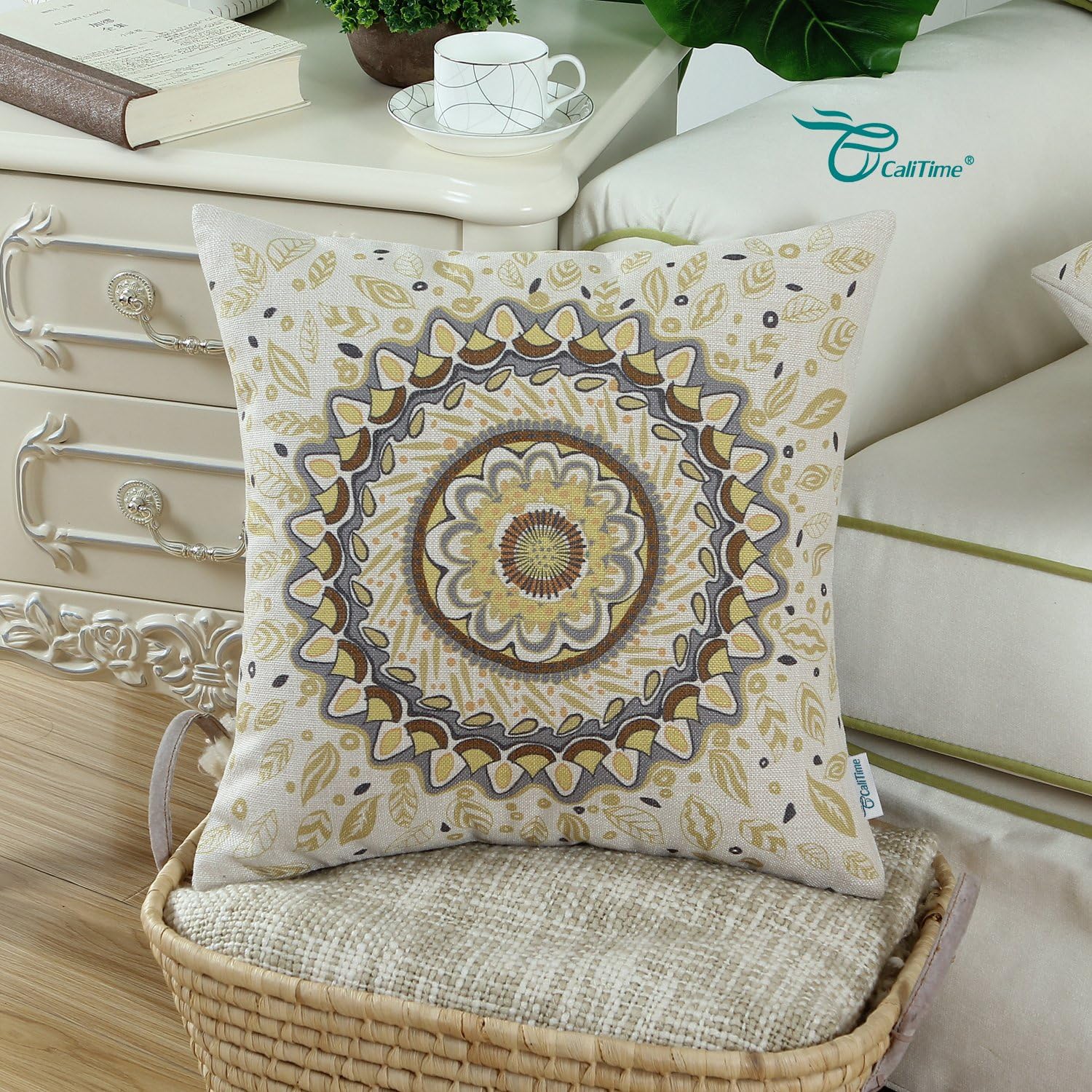 CaliTime Canvas Throw Pillow Cover Case for Couch Sofa Home Decor Floral Compass Leaves Medallion 18 X 18 Inches Yellow