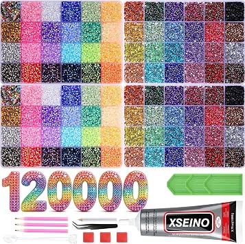 XSEINO 120000Pcs Resin Jelly Rhinestones for Bedazzling, 48 Colors 3mm Flatback Gems with 110ml Jewelry Glue & Tools, for Bedazzle Decorations, Diamond Art, Nail Art, Shoes Craft Decor