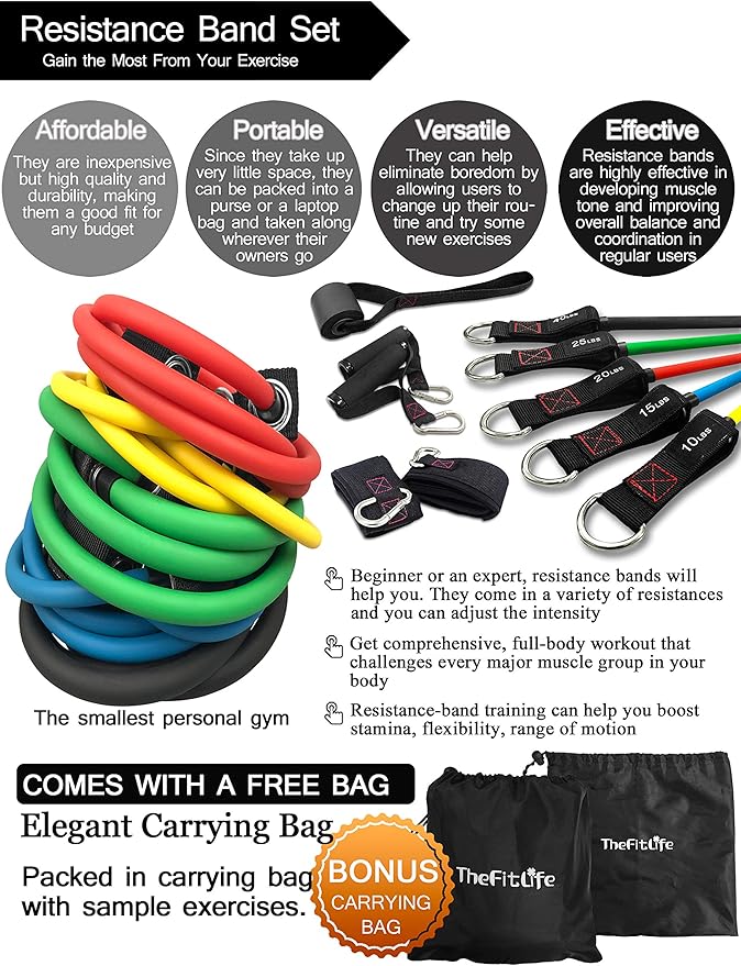 TheFitLife Exercise Resistance Bands with Handles is a set of 5 fitness workout bands that are stackable to provide a maximum resistance of 110, 150, 200, 250, and 300 lbs. These resistance bands are a versatile and effective tool for strength training, muscle toning, and rehabilitation exercises. The bands are made of high-quality latex material that is durable and able to withstand intense workouts.