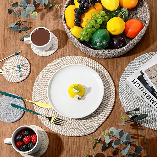 Miniatura 5 de SiliFine 12 manteles individuales y posavasos bohemios, hechos a mano, trenzados, resistentes al calor, manteles individuales redondos tejidos para