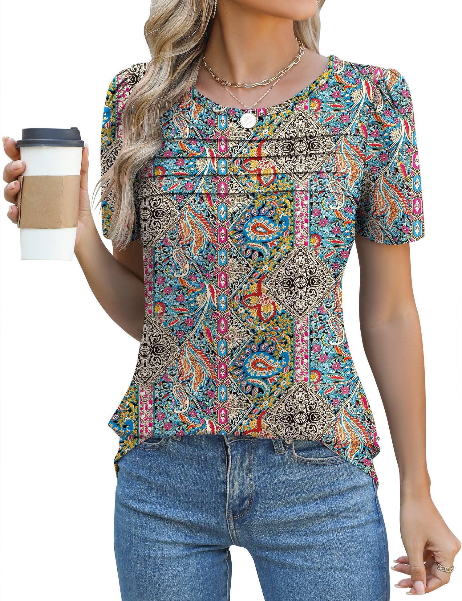 Rapbin Tshirt Damen Sommer Kurzarm Bluse Elegant Rundhals Mit Falten Oberteil Locker Puffärmel Blumen Lässig Tunika Tops 2026
