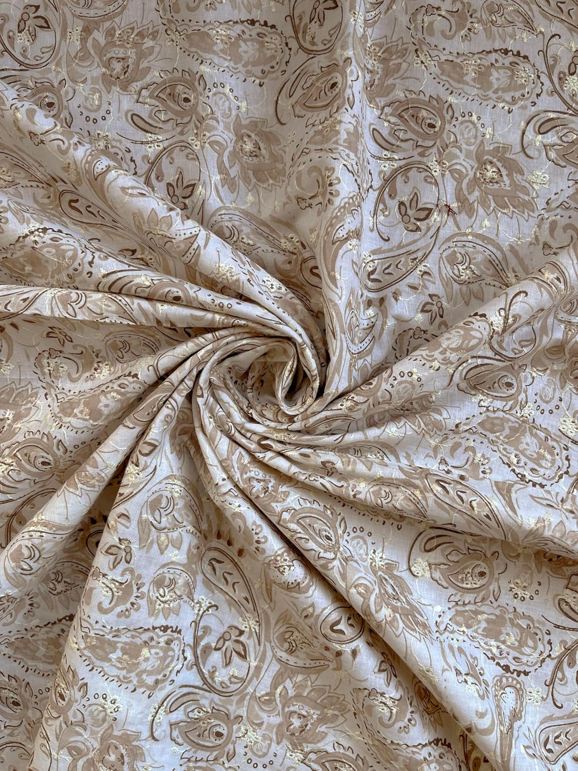 100% Cotton Chikan Embroidered Fabric by Yard – Cream Eyelet Hakoba Style with Floral Prints – Soft DIY Sewing Material for Dresses, Crafts, Home Décor – 42" Width (Cream-Green-5 Yards)