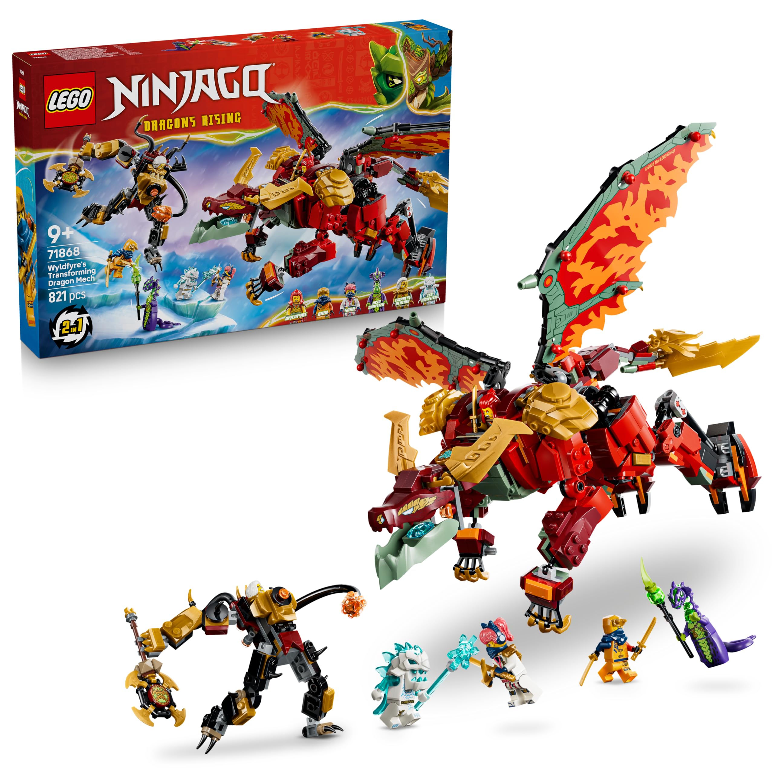 LEGO NINJAGO Transformujący smoczy mech Wyldfyre 71868 | smoczy mech, zabawka akcji, prezent dla chłopca i dziewczynki 9+, bitwa ninja, 821 elementów