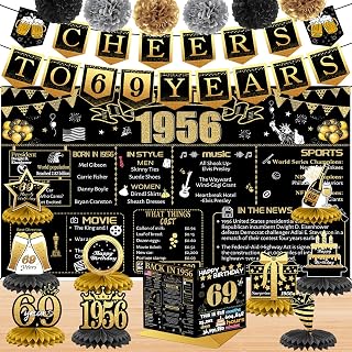 69th Birthday Decorations for Women Men, 18PCS Black Gold Back in 1956 Banner Decorations, Bday Backdrop, 69 Year Old Banner for Mother Dad, Birthday Card, 6 Paper Poms 9 Honeycomb Balls