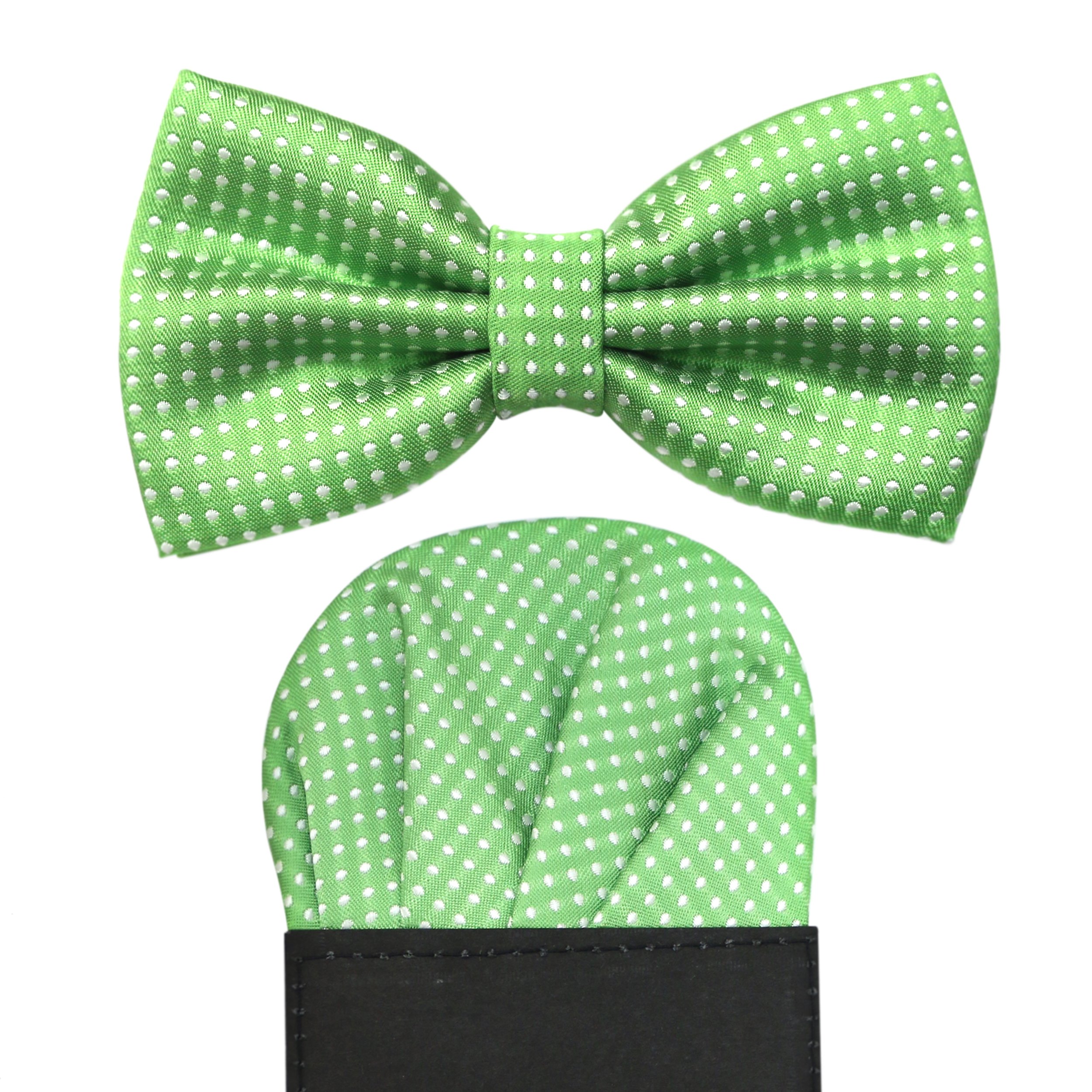 Polka Dot Accessory Set: Pre-tied Adjustable Satin Bow Tie & Matching Pre-folded Pocket Square (2pc) (Green/White)