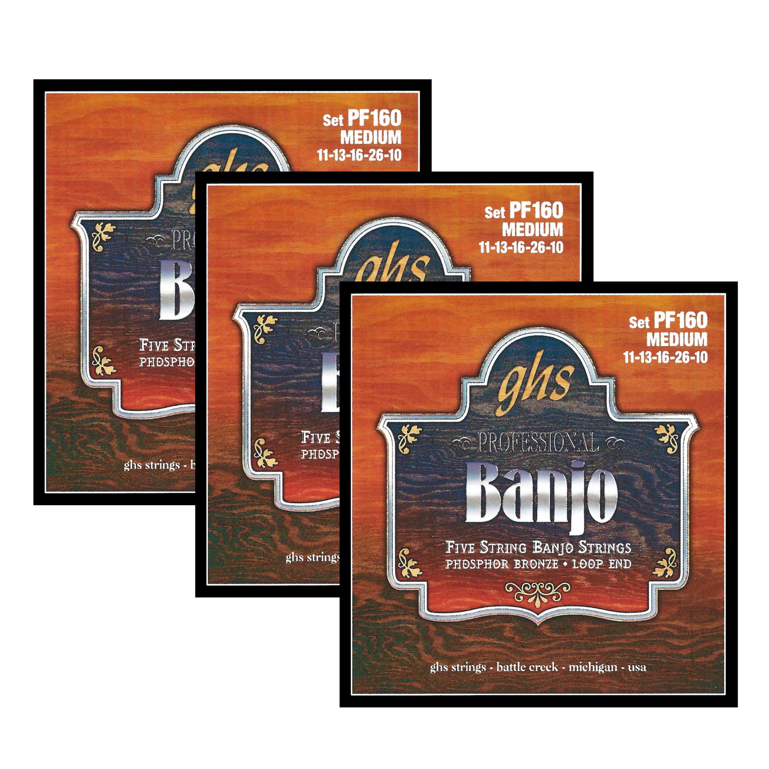 GHS Strings PF160 5-String Banjo Strings, Phosphor Bronze, Medium (.011-.026) (3 SETS)