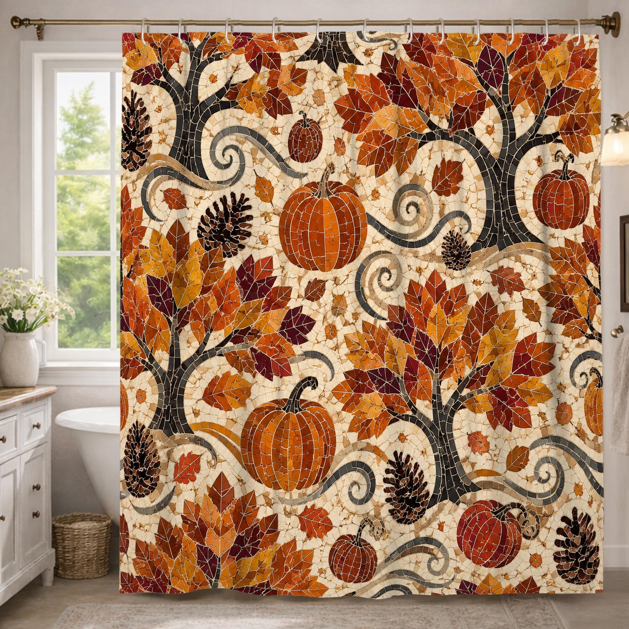 Rideau de douche extra long 183x243 cm imperméable en polyester à motif citrouilles d'automne