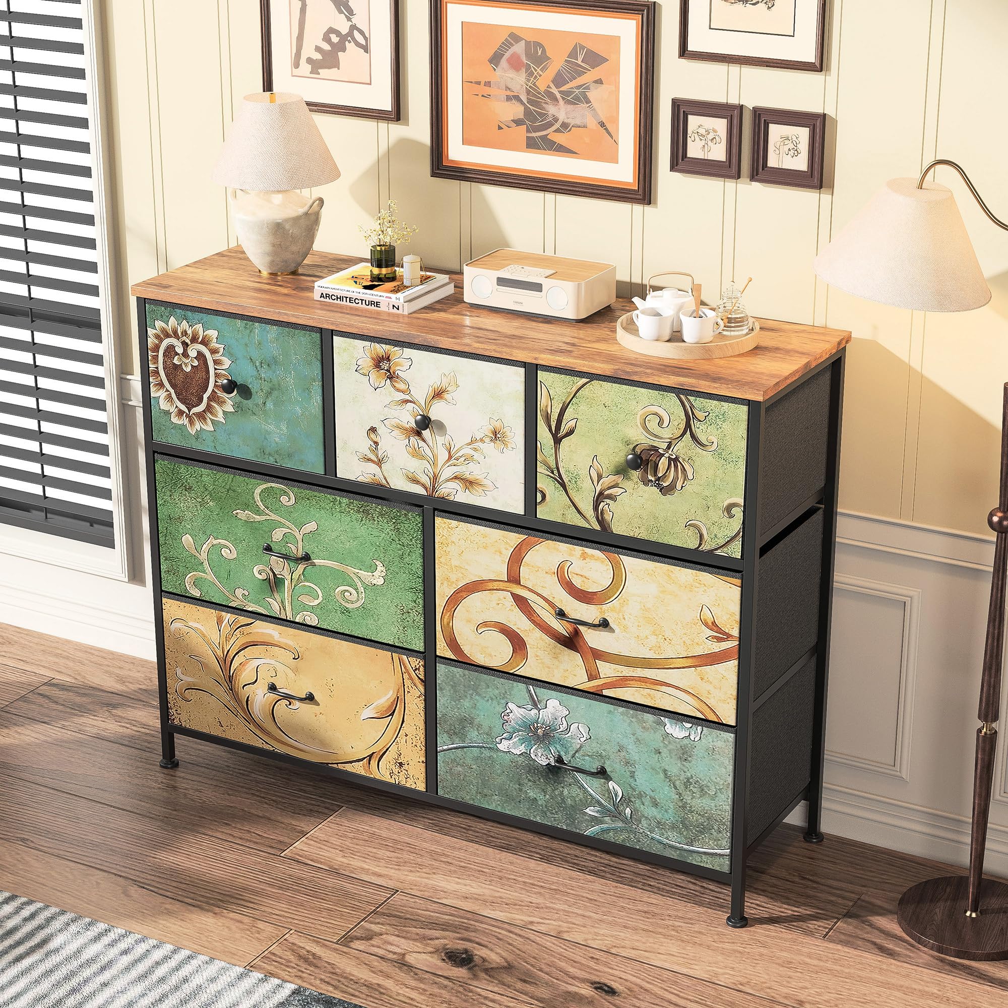 Commode à 7 Tiroirs en Tissu,Commode Chambre Adulte Armoire Tiroirs avec Plateau Bois et Cadre Métal,Meuble de Rangement pour Chambre d’Enfant, Salon et Couloir