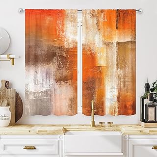 MESHELLY Abstract Burnt Orange Kitchen Curtains,Gray Rust Brown Kitchen ...