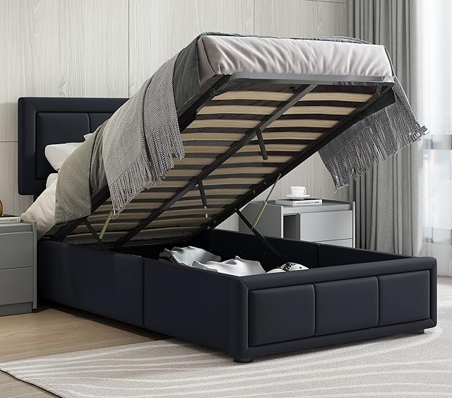 Upholstered Ottoman Bed Single Bed Frame UKFR Faux Leather Ottoman Storage Bed With Gas Lift End Opening Wooden Slats With Storage Bed (3ft Small 90 x 190, No Mattress)