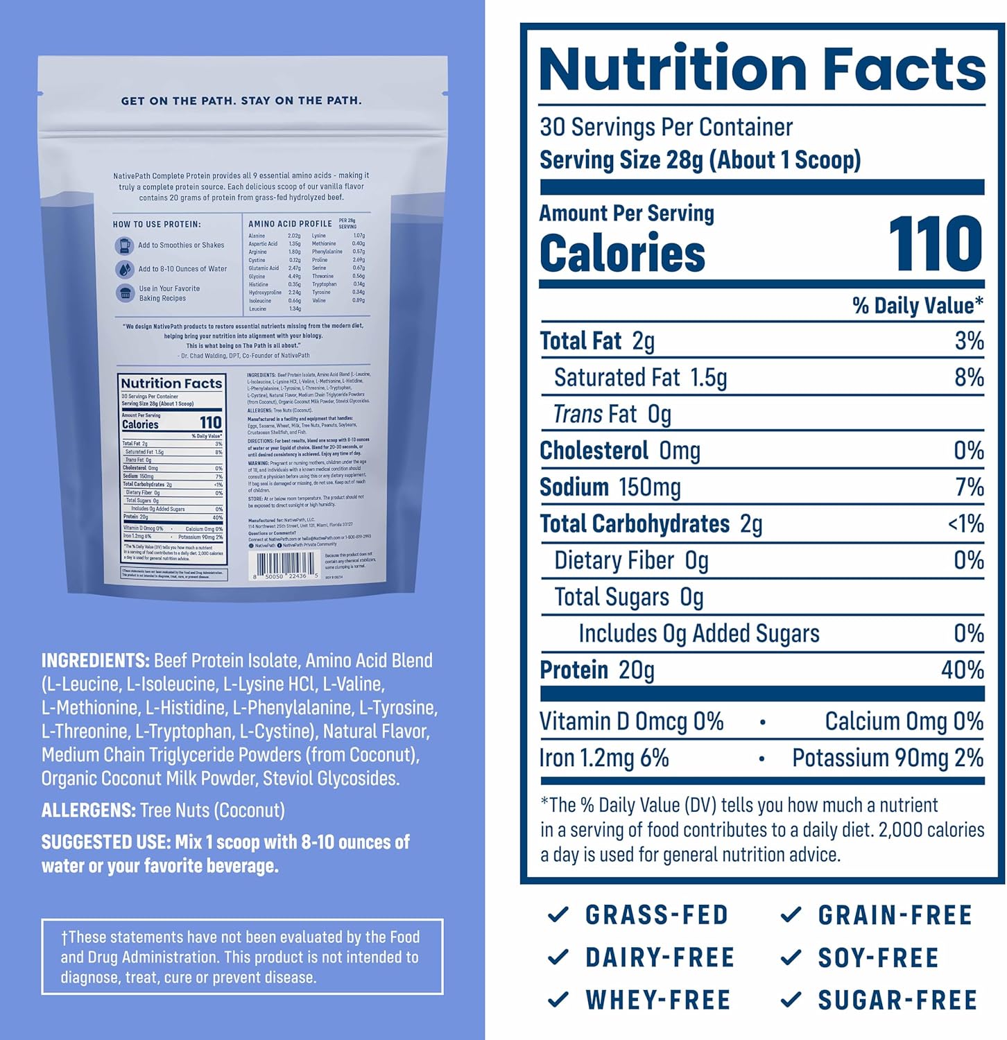 NativePath Complete Beef Protein Powder Isolate – Grass-Fed, Pasture-Raised, Dairy & Lactose Free, Gluten Free, Zero Sugar, MCTs & Amino Acids – 20g Protein, Vanilla Flavor, 30 Servings - Image 2