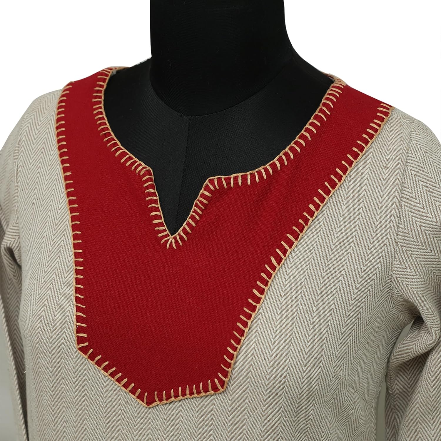 Nordic Runeweave Viking Medieval Dress for Women | Hand Embroidered Herringbone Pattern Long Sleeve Cotton Linen Norse Dress