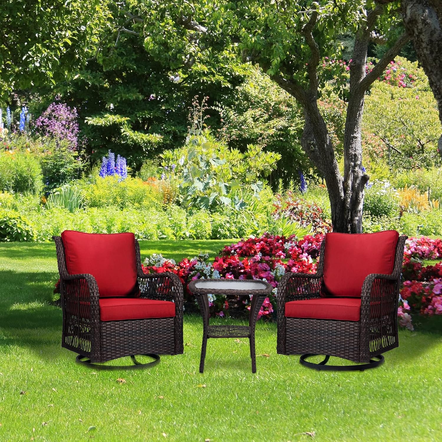 IDEALHOUSE 2024 New Patio Furniture Bistro Set, Elegant 3-Piece Outdoor Chairs, 360 Degree Swivel Rocking Wicker Chairs Set with Premium Cushions and Armored Glass Top, Side Table for Backyard (Red)