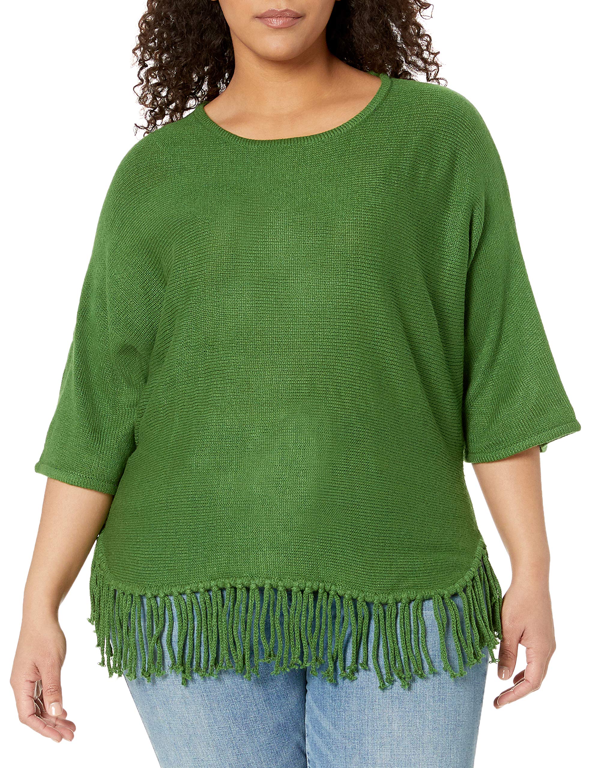 NY CollectionWomen's Plus-Size Elbow Dolman Sleeve Crew-Neck Fringed Pullover