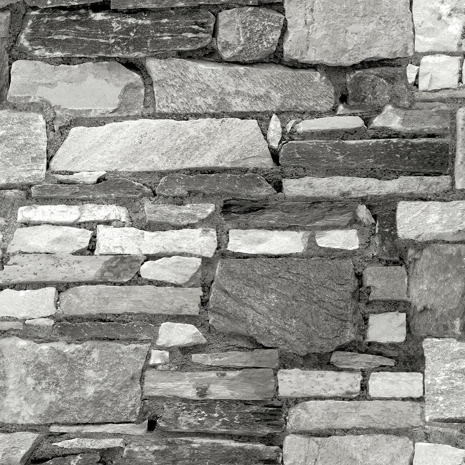 Exclusive Realistic 3D Vintage Brick Effect Rustic Stone Grey Textured Vinyl Wallpaper (Stone Effect Slate AL1014)