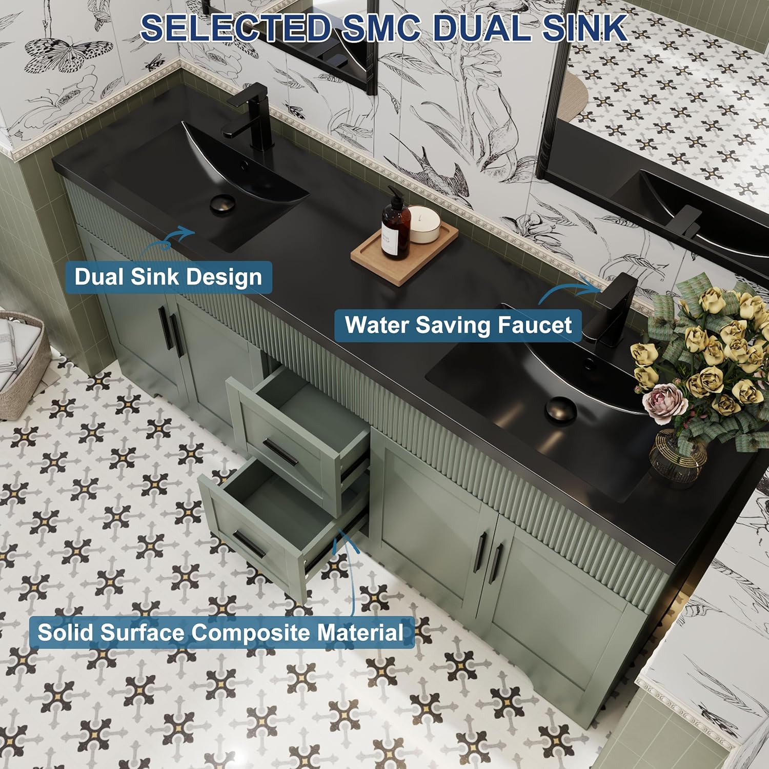 eclife 72" Bathroom Vanities Sink Combo, Modern Freestanding Bathroom Storage Cabinet W/Decorative Wave Lines, Painted Surface, Undermount Double Black Sink, Faucet, Drain, Gray Green