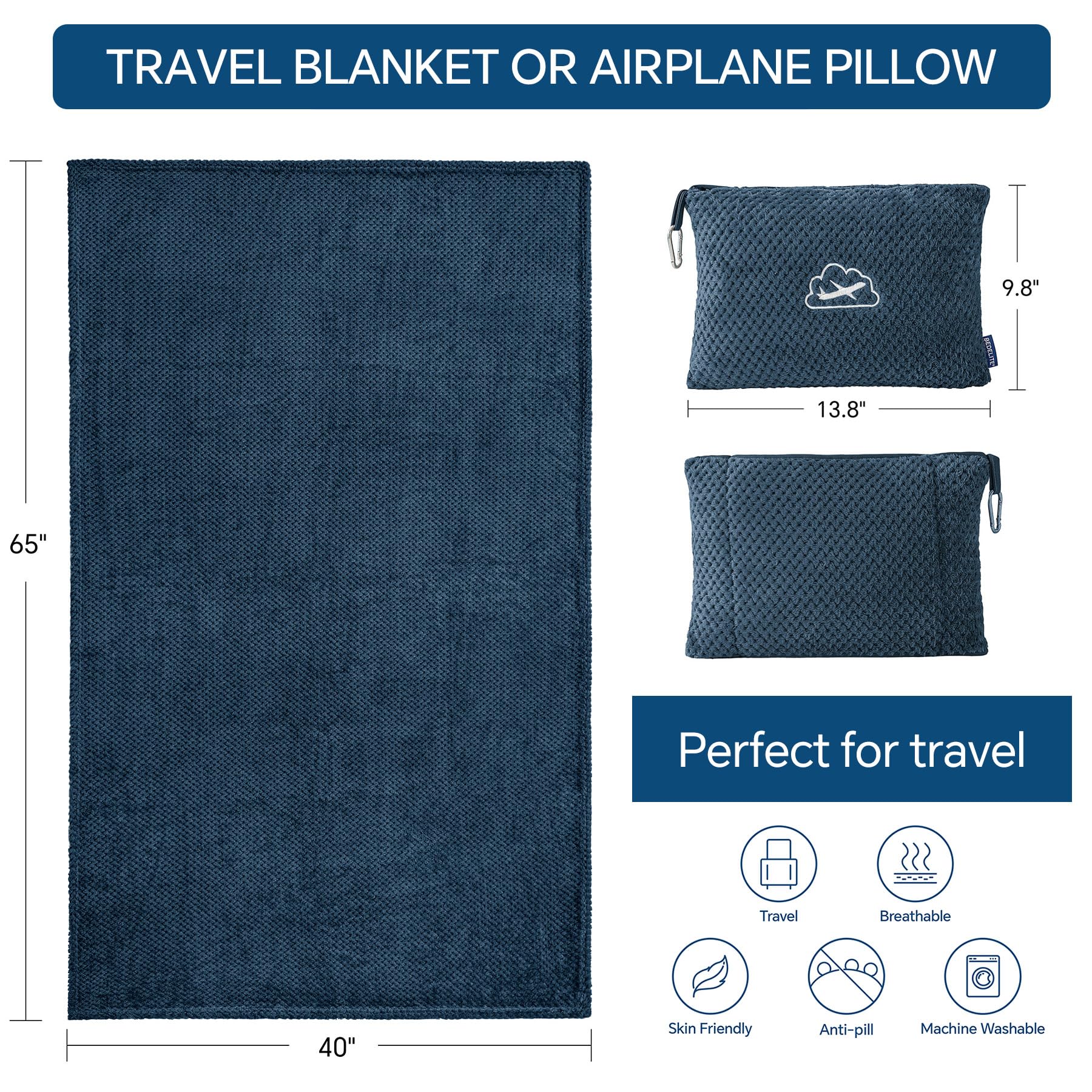 BEDELITE Travel Blanket with Bag, Jacquard Fleece Blanket 65"x40", Navy view 5