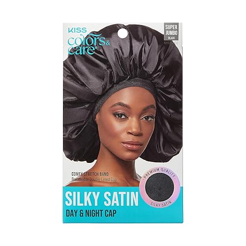 KISS Colors &amp; Care Gorro de satén sedoso para día y noche, gorro de pelo de tamaño jumbo para todo tipo de cabello y texturas, transpirable, tela de