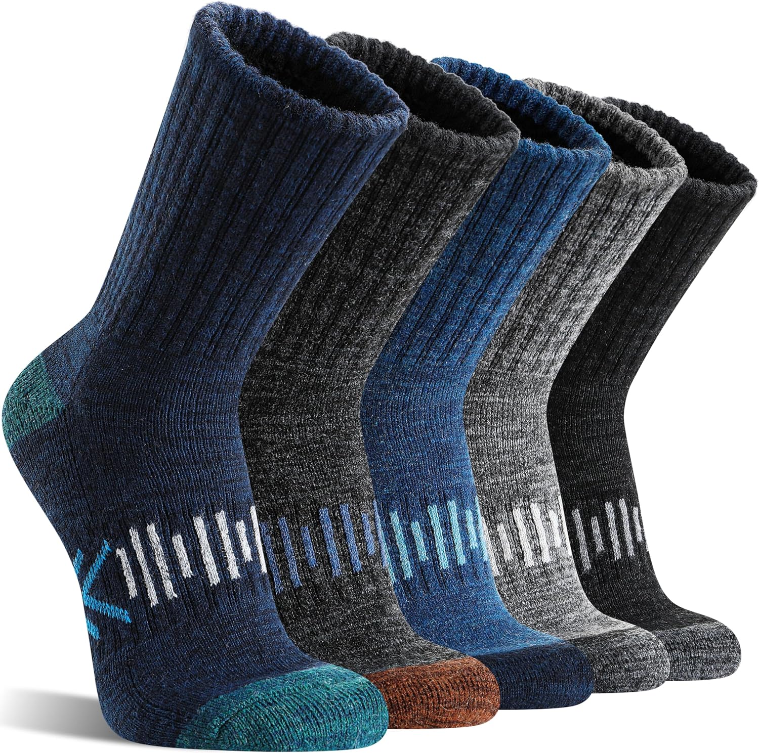 Merino Wool Hiking Socks Thermal Winter Warm Cozy Cushioned Moisture Wicking Crew Socks for Men 5 Pairs