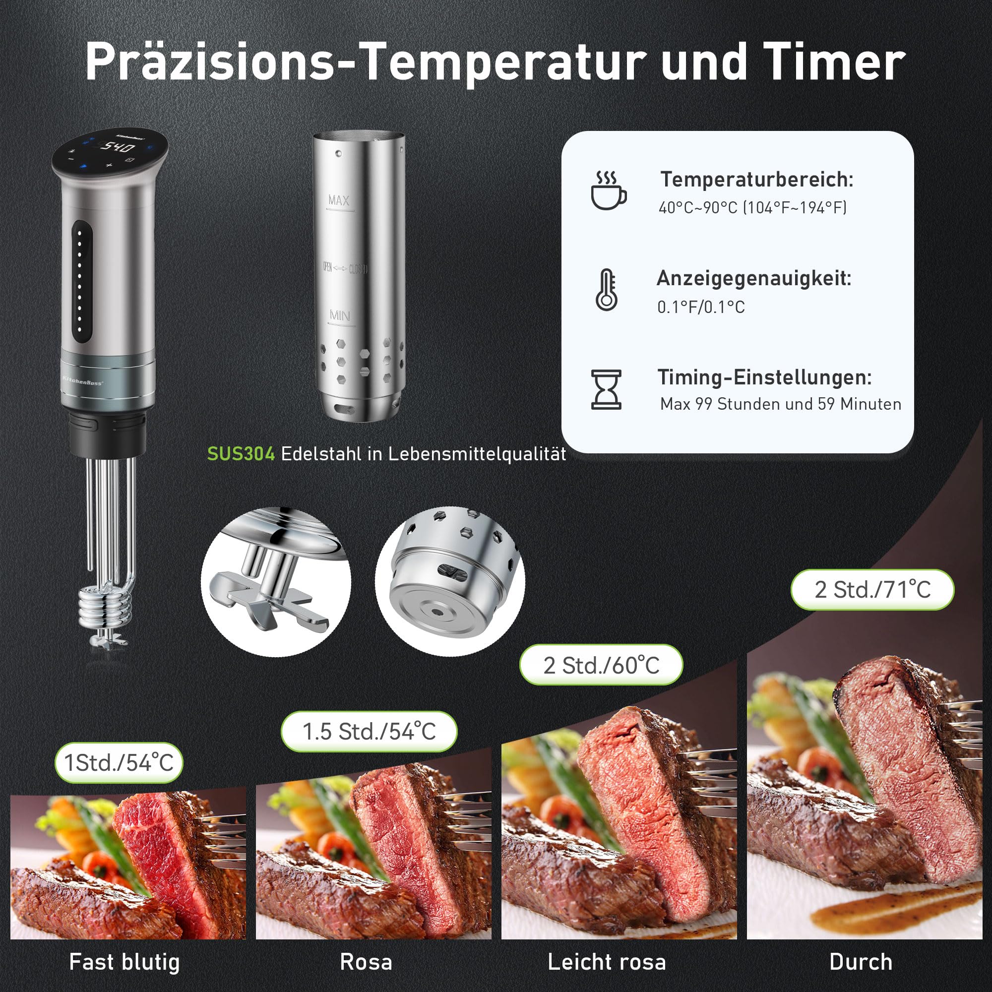 KitchenBoss Sous Vide Stick Garer： 1100W Präzisionskocher Wi-Fi Sous Vide Stick App-Steuerung Sous Vide Stab Zirkulation 40℃-90℃ IPX7 Wasserdicht LED Touch Display Ultra-leise Tauchzirkulator