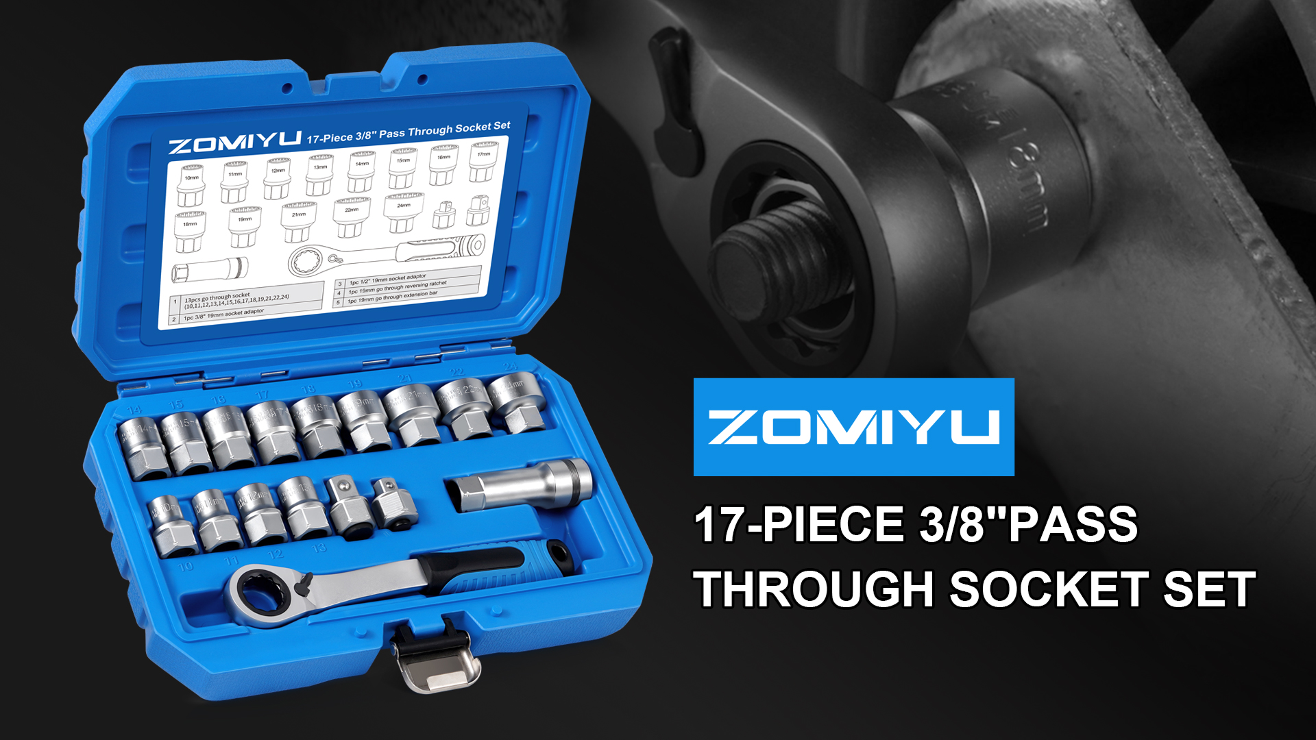 ZOMIYU 3/8” & 1/2” Pass Through Socket Set, 17-Piece Metric 12
