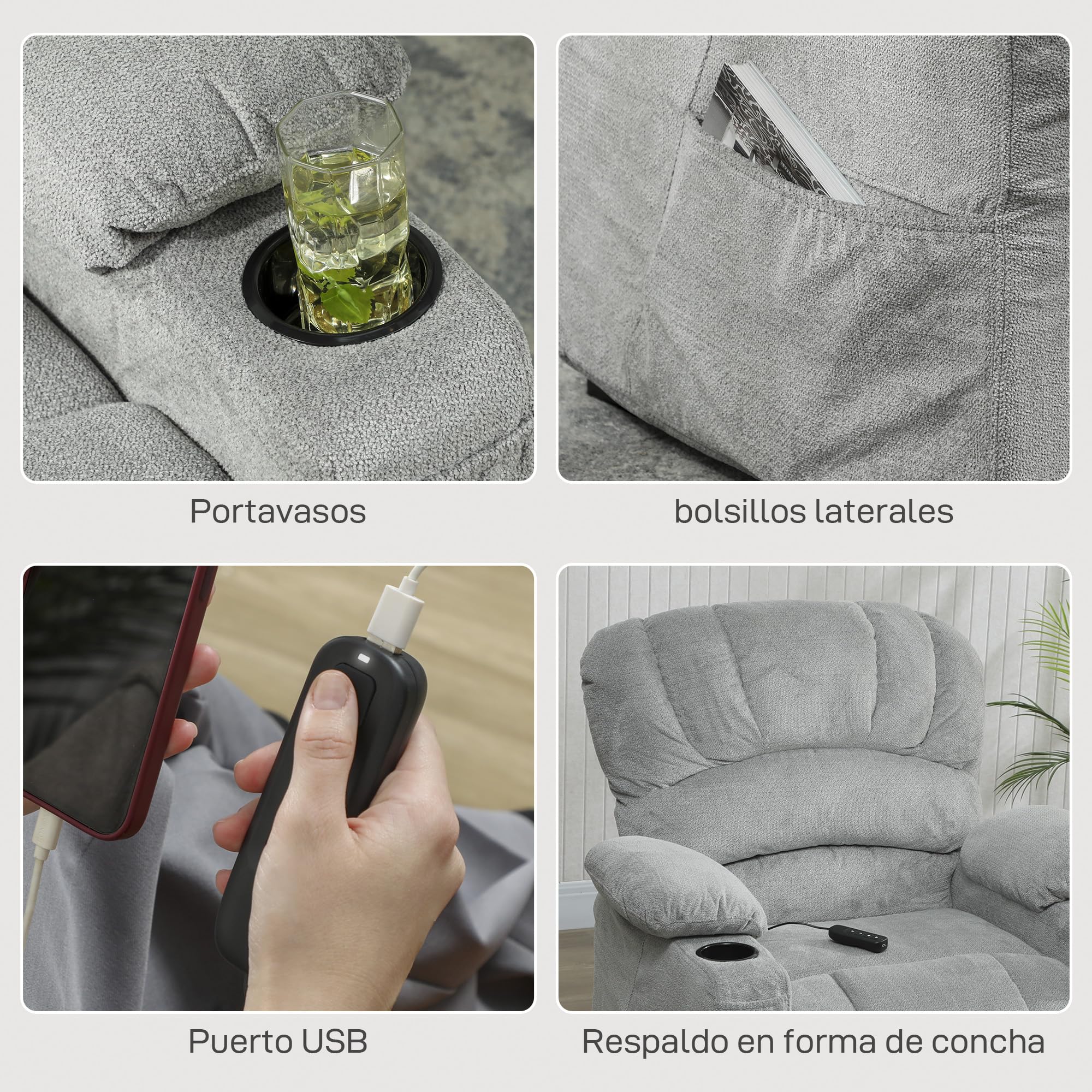 HOMCOM Sillón Relax Reclinable Eléctrico, Sillón Reclinable Silencioso de Terciopelo con Función Memoria, Reposapiés, Mando a Distancia, Bolsillos, Puerto USB, Portavasos, Respaldo Concha, Gris