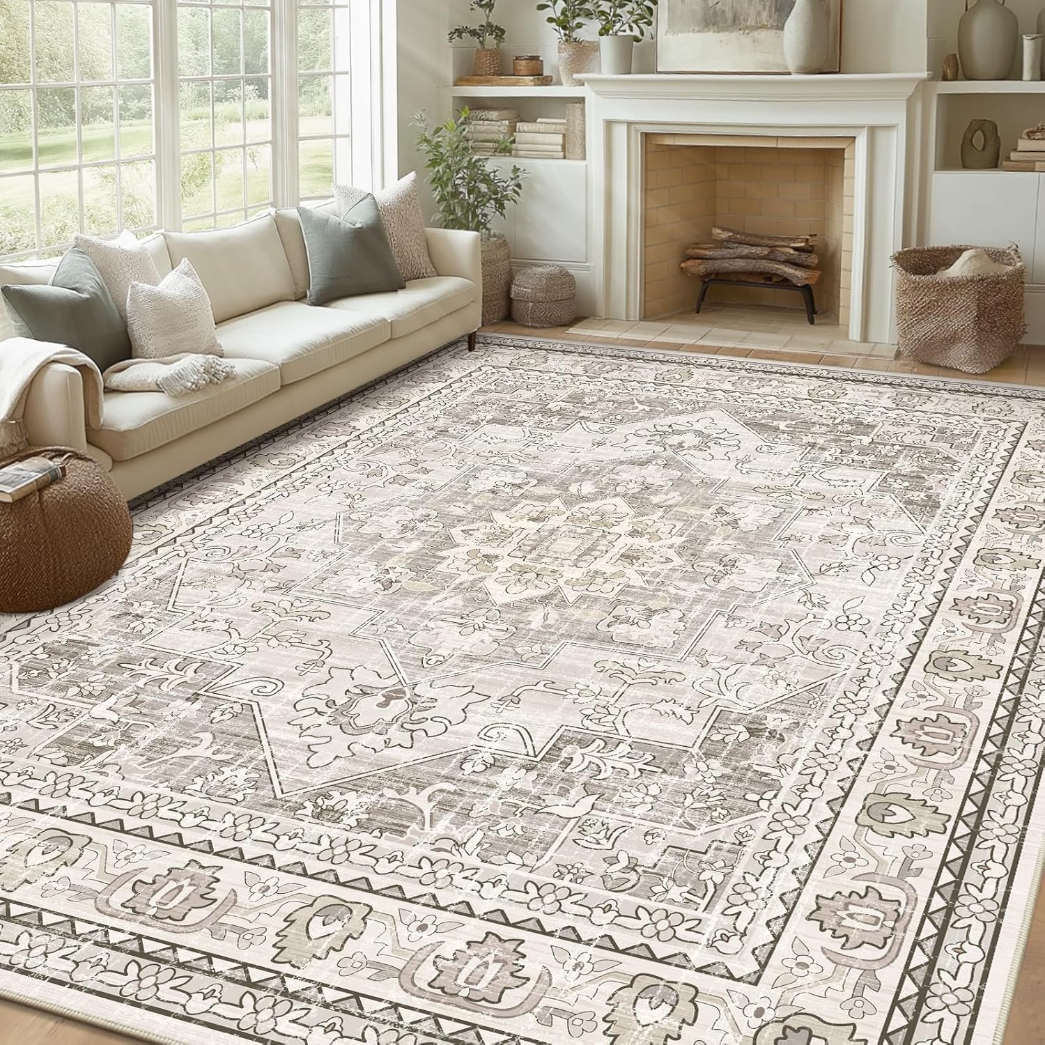 Beige 8x10 Findosom Area Rugs for Living Room, Non-Slip Soft Washable Rug with Vintage Medallion Pattern, Low Pile Faux Wool Large Boho Rugs for Bedroom, Ding Room, Entryway and Home Decor, Beige