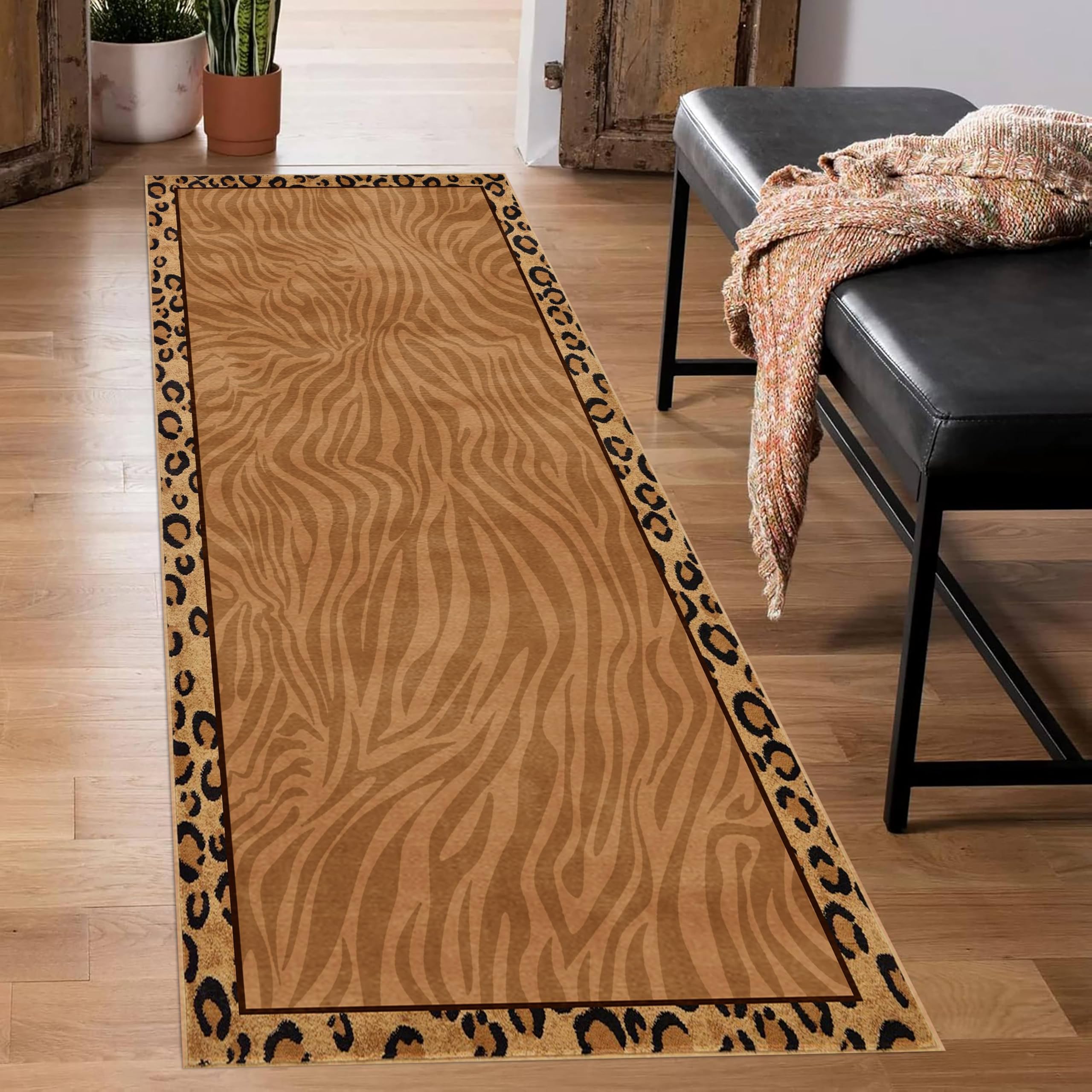 LHOMKCV Leopard Print Long Hallway Rug, 60x150cm, Classic Animal Skin Patterns Brown Runner Rugs, Entrance Easy-Washing Cozy Breathable Floor Mat for Living Room Bedroom