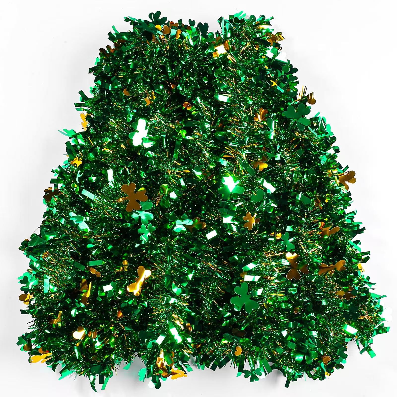 33ft St. Patrick's Day Tinsel Garland with Shamrock Confetti Green Gold Metallic Tinsel Twist Garland Shamrock Hanging Garland Decoration for St. Patrick's Door Tree Mantel Party Supplies