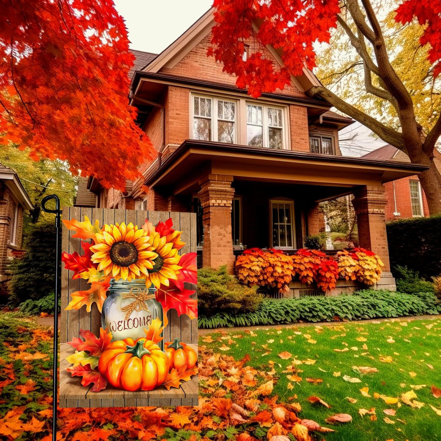 Fall Garden Flags Thanskgiving Sunflower Pumpkin Printing Garden Flag Welcome Autmn Maple Leaves Yard Flag for Outside Mason Jar Pattern Double Side Floral House Flag Decor Standard Size 12×18 Inch - Image 3