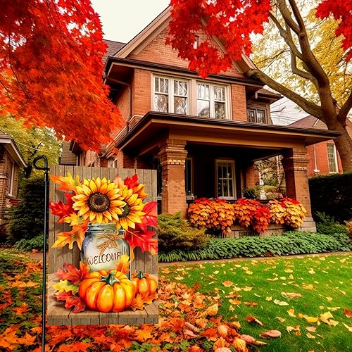 Miniatura 3 de Dacawin Banderas de jardín de otoño con impresión de girasol, bandera de jardín de hojas de arce de bienvenida para exteriores, Dacawin calabaza