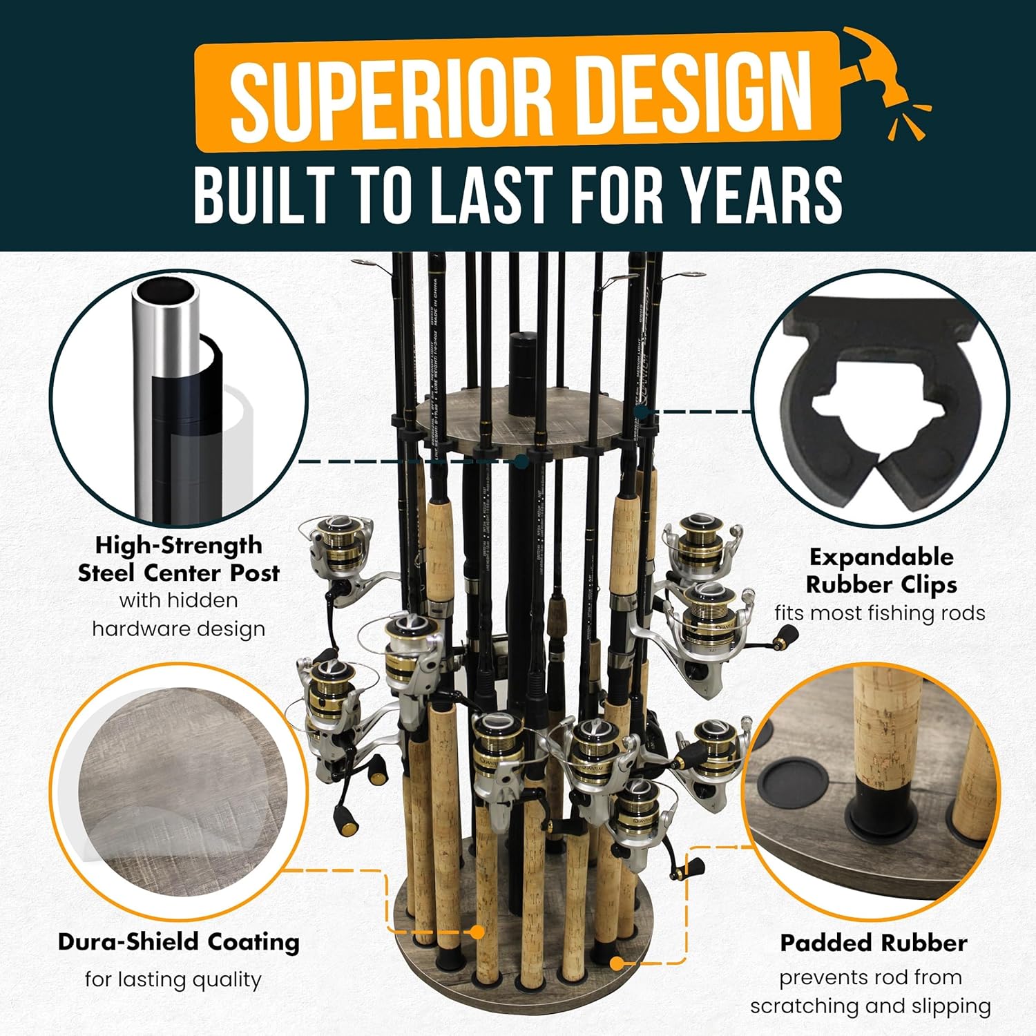 Rush Creek Creations | Round Fishing Rod Holder for 16 Freshwater Fishing Poles, Fishing Gear, and Fishing Accessories | Fishing Rod Rack with 16 Fishing Rod Clips for Garage Organization