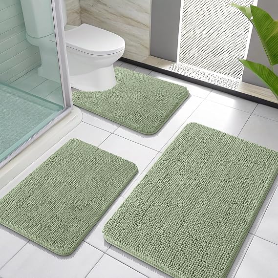Bathroom Rugs Sets 3 Piece, Soft Absorbent Chenille Bath Mats and U-Shaped Contour Toilet Rug, Non-Slip, Quick Dry Carpet, Home Decor Accessories, Bath Mat Set for Bathroom, Sage Green