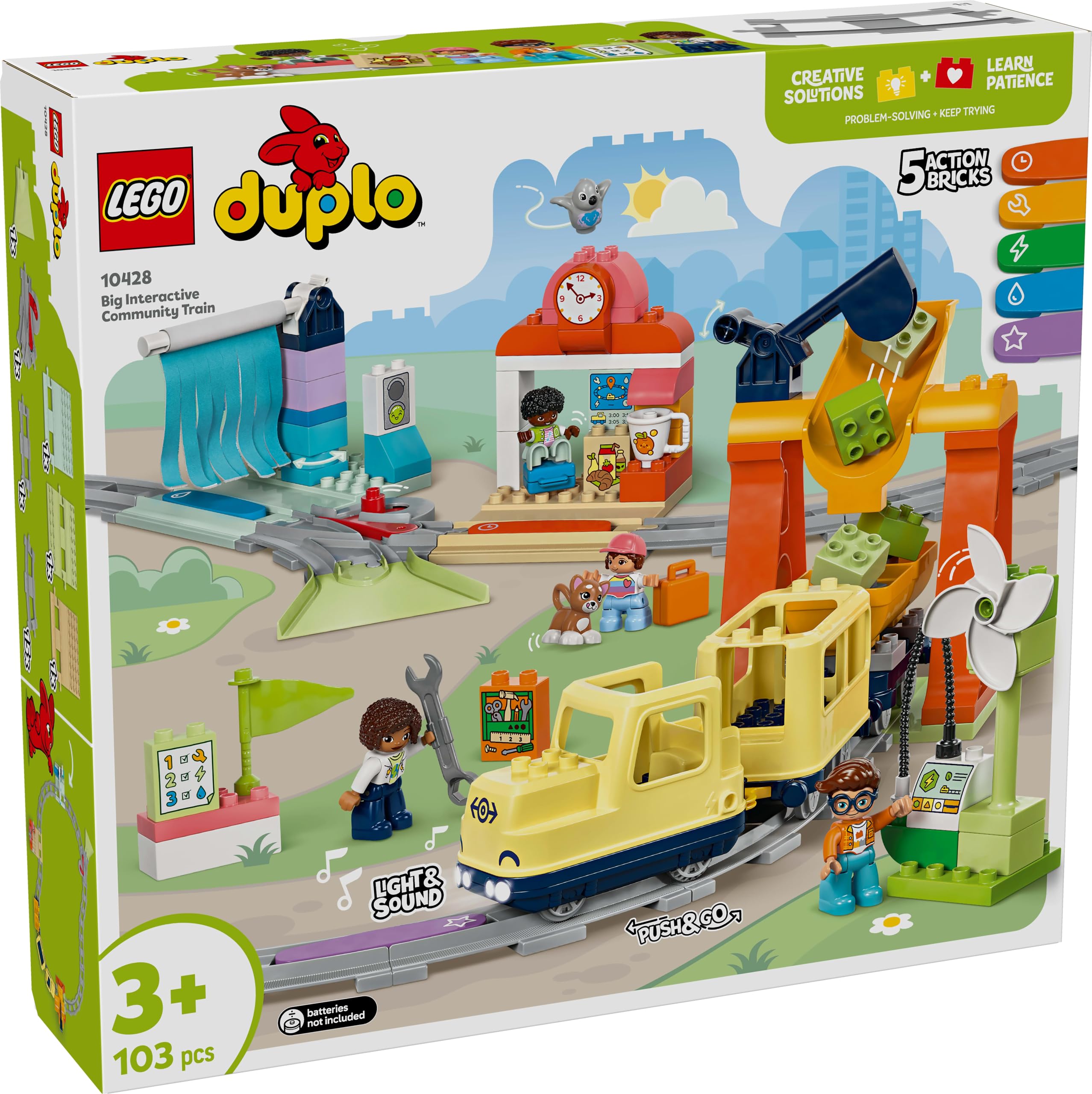 LEGO DUPLO Duży interaktywny pociąg miejski 10428 | zestaw kolejowy, interaktywna zabawka, prezent dla chłopca i dziewczynki 3+, światło i dźwięk, 103 elementy