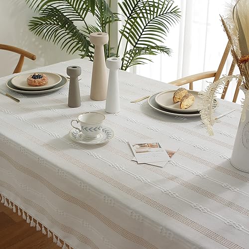 Miniatura 7 de Gernaice Mantel bordado de rayas rústicas con borlas cuadradas pesadas y de lino de algodón, sin arrugas, lavable, para cocina, comedor, fiesta,