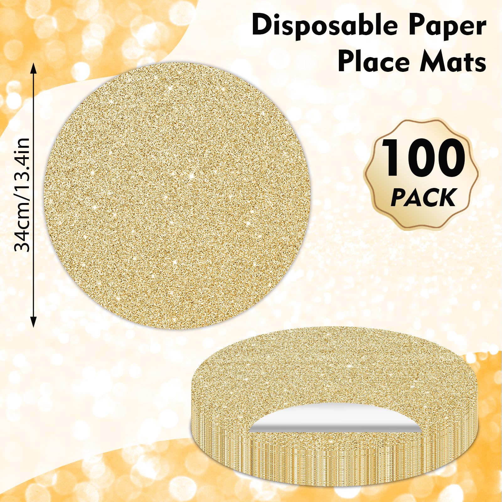 Lot de 100 sets de table jetables en papier doré clair de 34 cm - Sets de table ronds décoratifs à paillettes pour anniversaire, mariage, fête de Noël