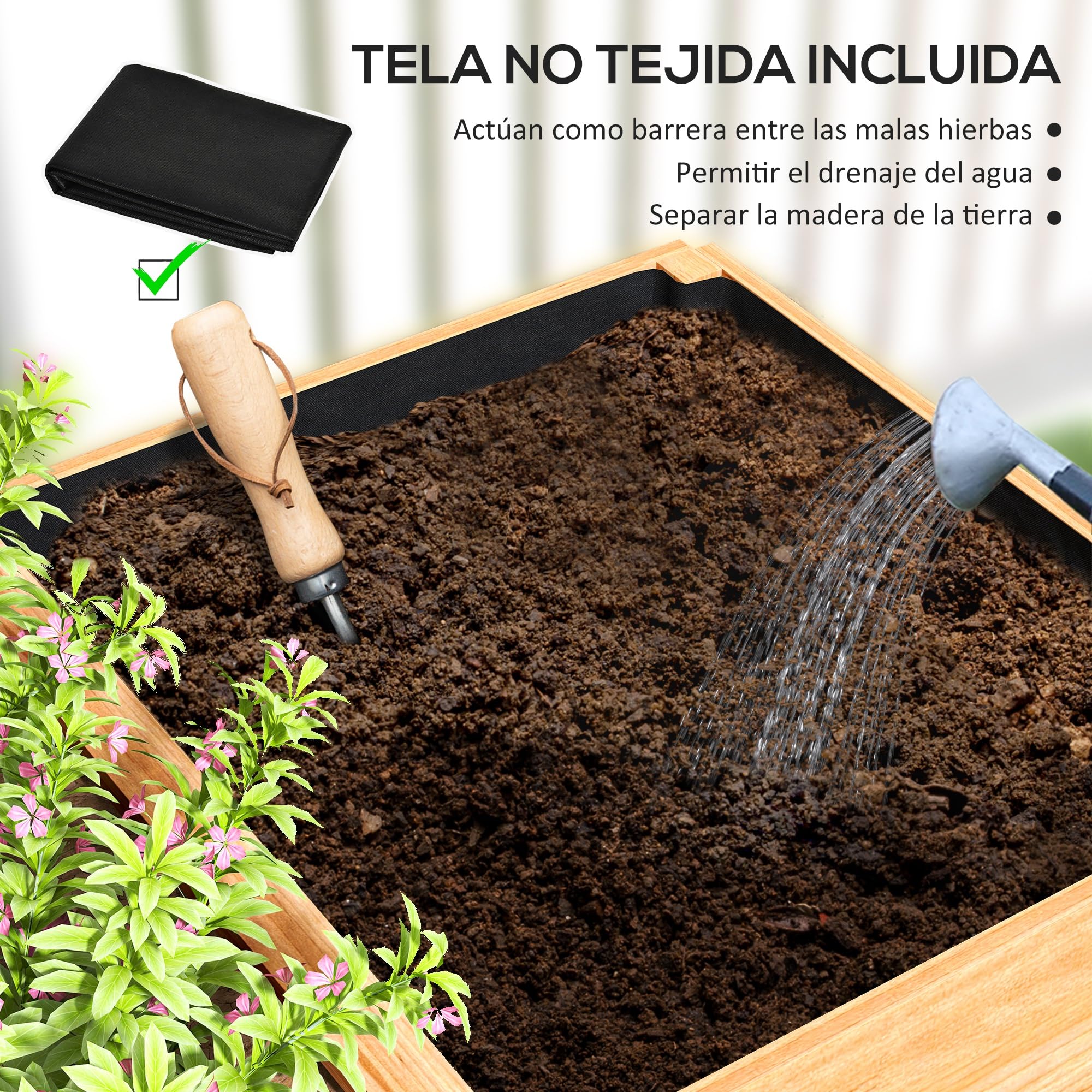 Outsunny Jardinera de Madera Jardinera Exterior Grande con Forro y 3 Áreas de Cultivo para Jardín Terraza Balcón 140x60x40 cm Natural