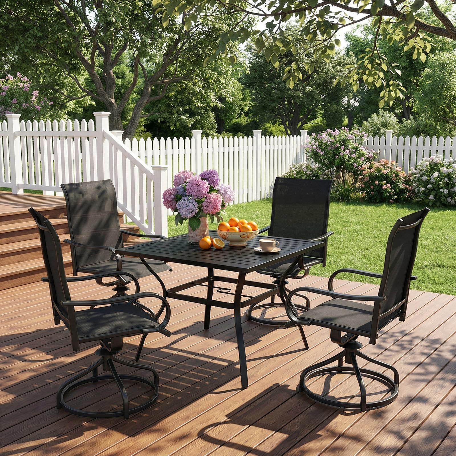 LIFERUN Gartenstühle 360° drehbar, 2er Set Drehstühle, Terrassenstühle Metall, Wetterfeste Rostbeständig, Balkonstühle mit Hochlehner, bis 150 kg belastbar, Für Terrasse Balkon Bistrot, Schwarz, 2 PCS