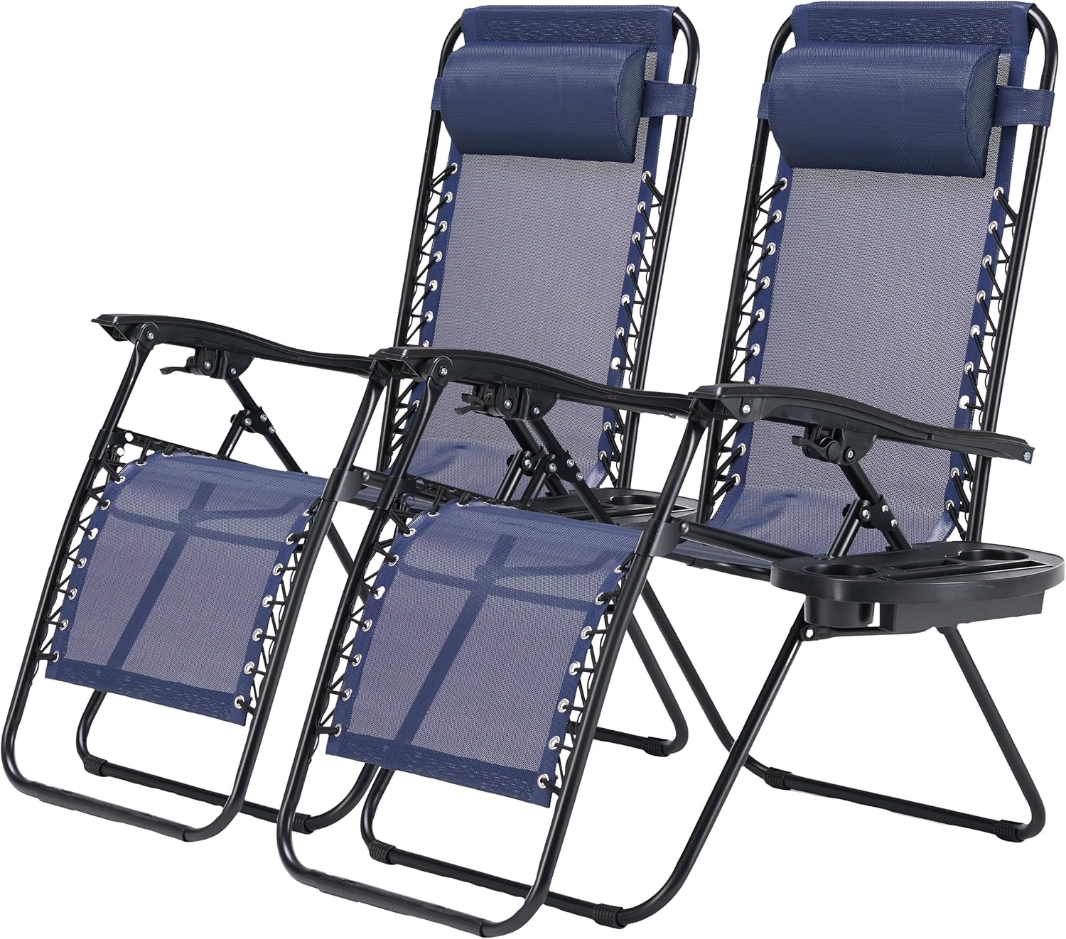 Simple Deluxe 2 Set Zero Gravity Chairs Patio Portable Reclining Folding Lounge Chair Beach Camping Chairs with Pillow and Cup Holder Trays for Garden, Poolside, Blue