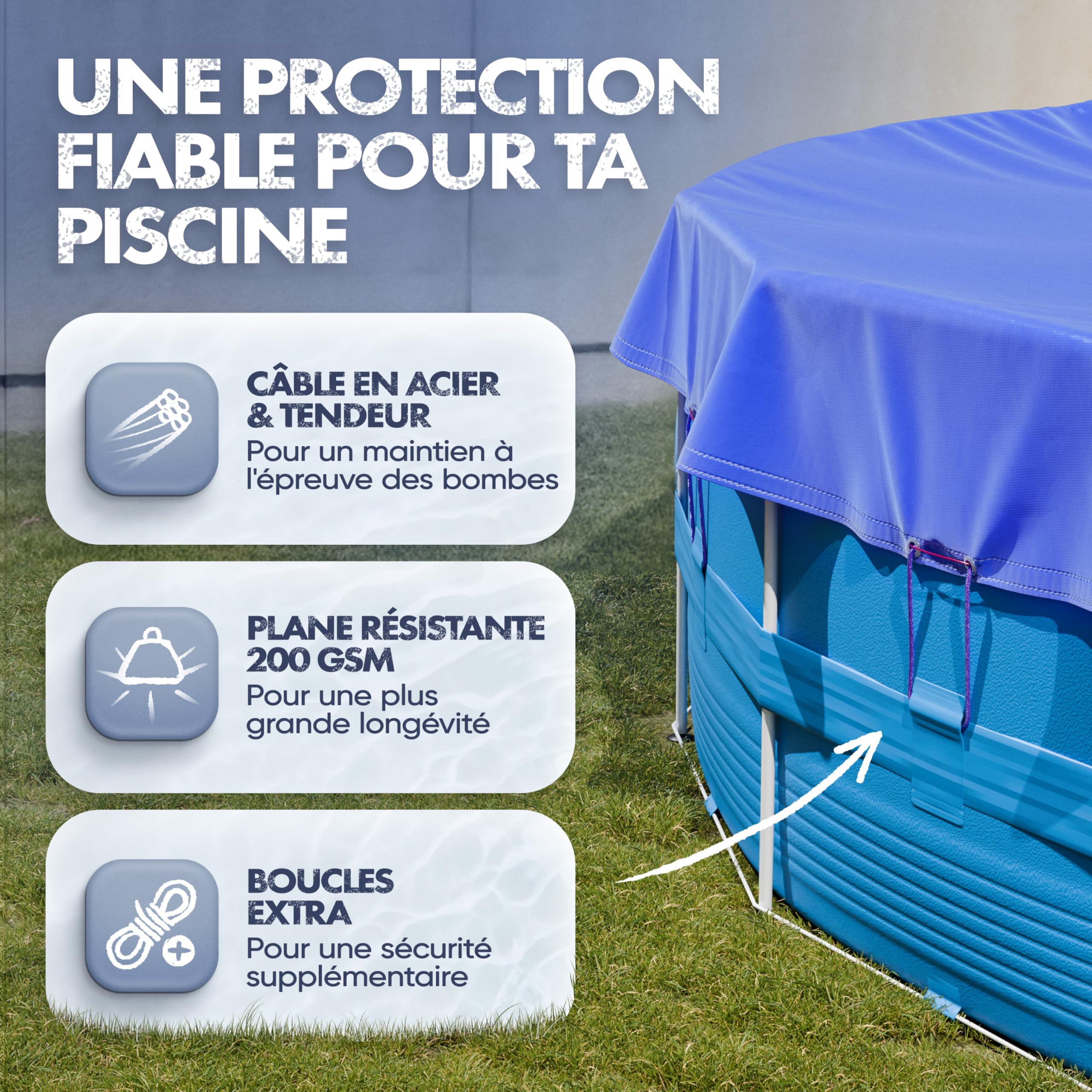 Bâche de Piscine Ronde Ø 366 cm, 200 g/m², pour Intex et Bestway | Bâche épaisse pour l'hiver, dimension Ø 420 cm, matériel de fixation inclus, couverture piscine