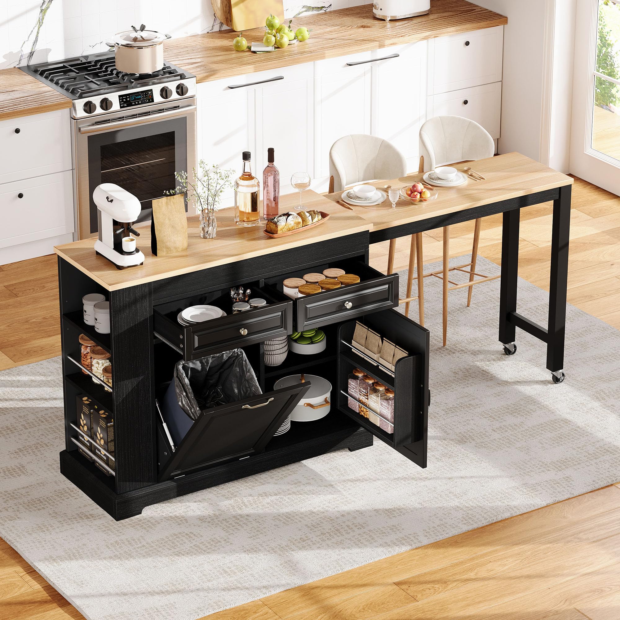 Isola da cucina mobile estraibile, ruote e scomparto della spazzatura, 112