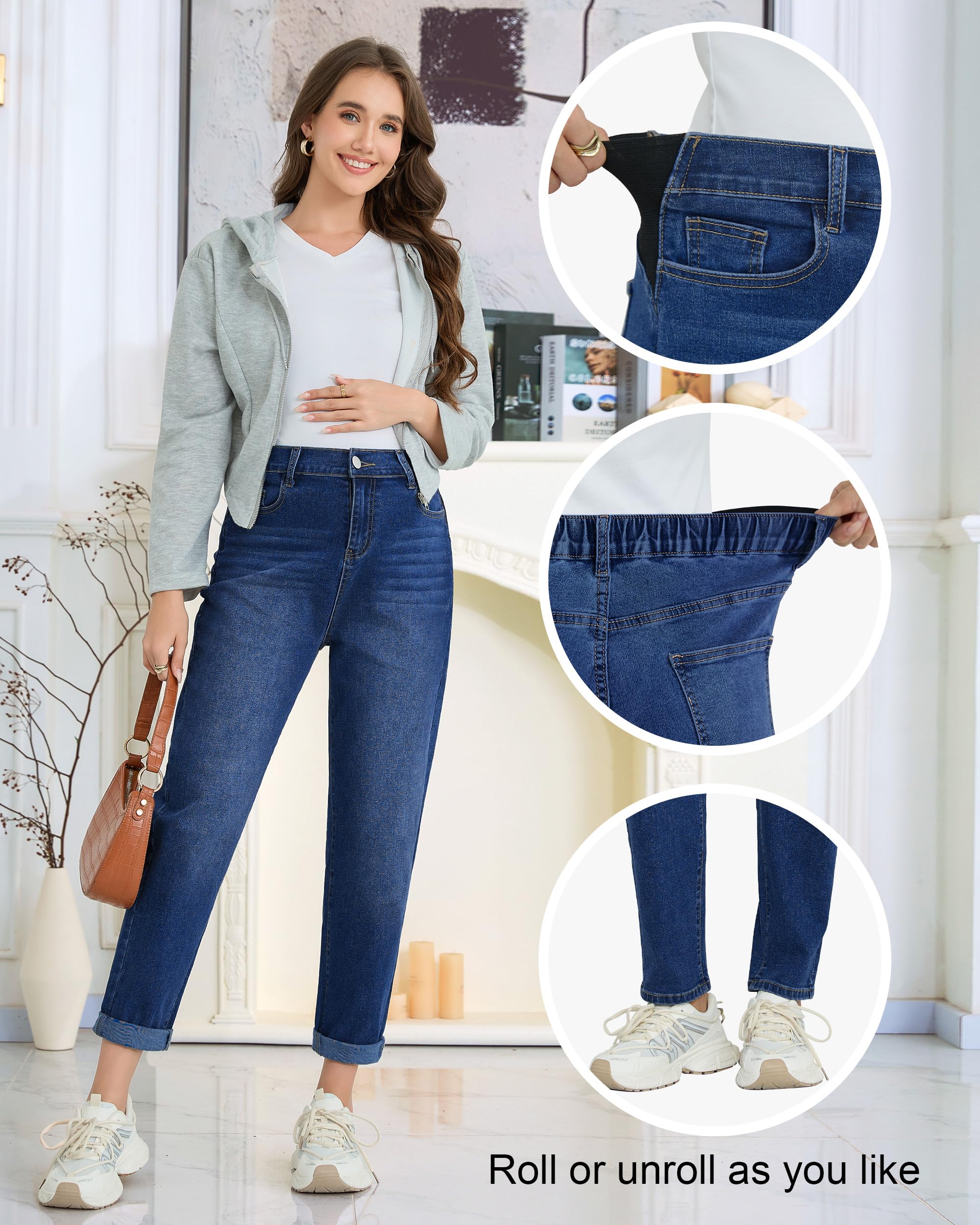 POSHGLAM Damen Umstands-Boyfriend-Jeans, Seitenteil, dehnbar, lässig, Denim-Hose mit 4 Taschen