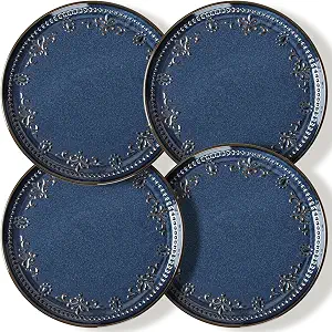 Ceramic Dinner Plates Set of 4, 10.75 Inch Embossed Farmhouse Plates, Blue Damask Floral