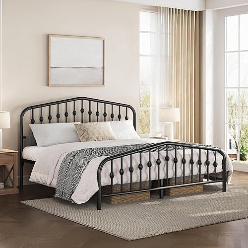 Miniatura 3 de Yaheetech Marco de cama de metal tamaño King con cabecera de estilo victoriano, estribo, fácil montaje, no necesita somier, color negro