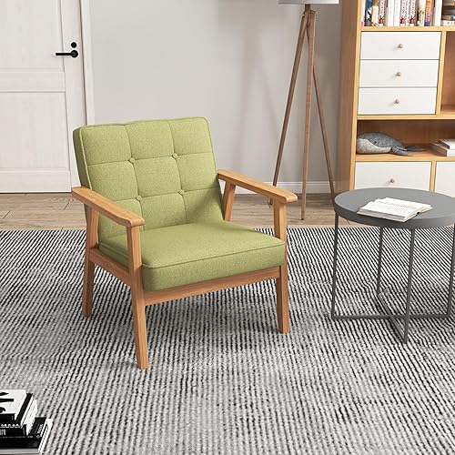 Miniatura 2 de KCC Mid-Century - Silla decorativa de tela de lino moderna, silla de ocio tapizada, cómoda silla auxiliar de lectura con reposabrazos y marco de