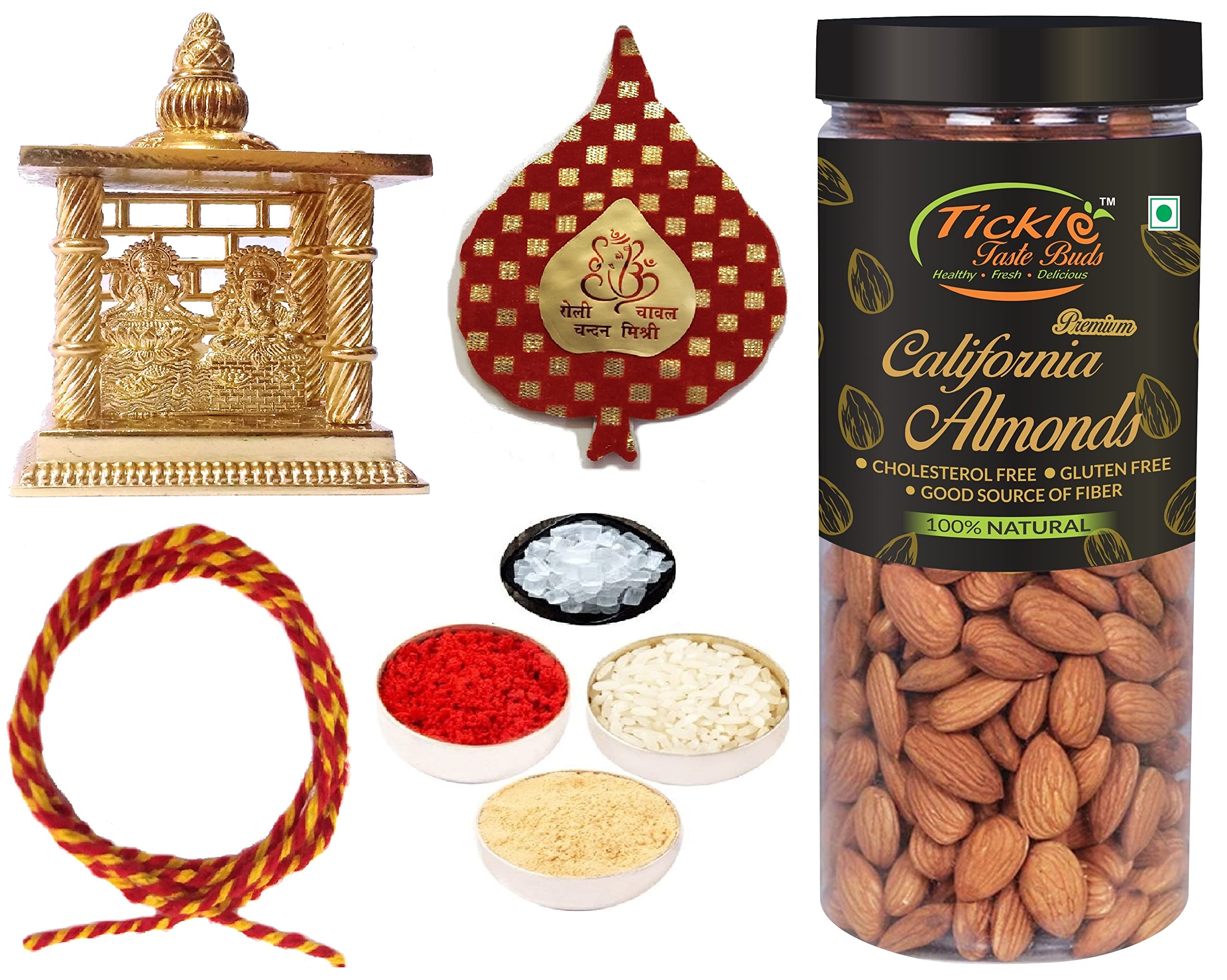 Diwali Bhai Dooj Gifts: Lakshmi Ganesh Temple with TTB Almond Jar 250gms, Roli, Moli, Chandan, Chawal, Misri, Optional Personal Message-image-19