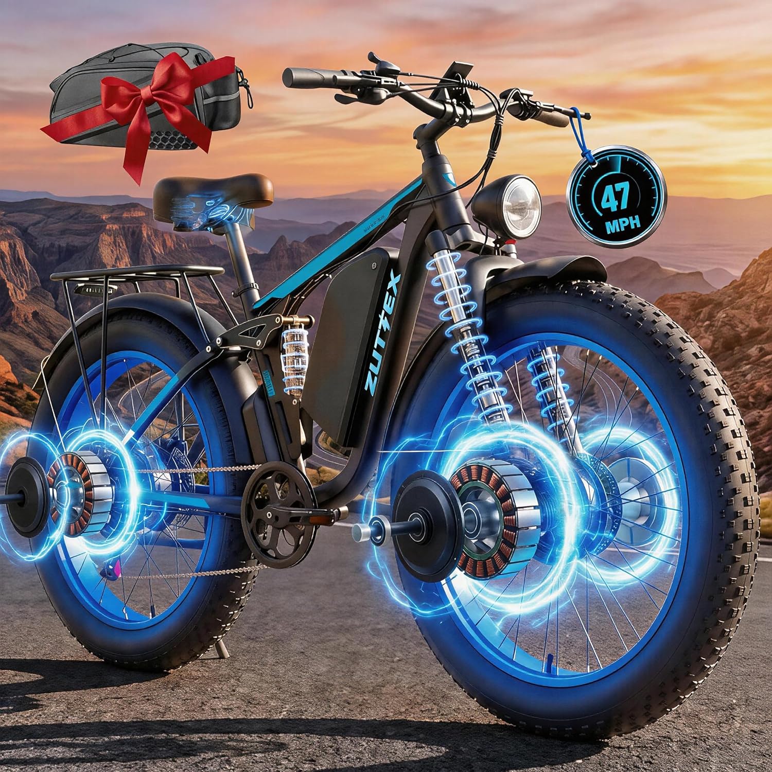 Peak 9000W Dual Motor Ebike for Adults,58V Max Output 36AH Battery Electric Bike with Full Suspension Up to 47 MPH 105 Miles Hydraulic Brakes 24 Inch Fat Tire E Bike for Mountain Commute